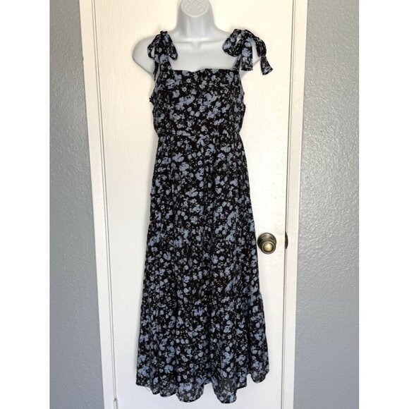 By the River Tie Shoulder Black w/ Blue Floral Midi Tiered Shirring Dress Small - Picture 1 of 6